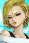  android_18 bad_id bad_pixiv_id blonde_hair blue_eyes dragon_ball dragon_ball_z earrings jewelry pon short_hair solo 