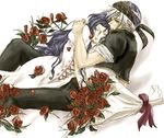  1girl final_fantasy final_fantasy_vi flower gumi_(nisoniso) hug lock_cole long_hair rachel_(ff6) red_flower red_rose rose 