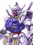  blurry cowboy_shot depth_of_field foreshortening gundam looking_at_viewer mecha no_humans robot_joints simple_background solo standing tanimeso turn_a_gundam turn_a_gundam_(mobile_suit) white_background yellow_eyes 