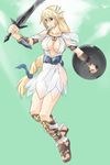  armor armored_dress braid breasts green_background large_breasts long_hair ment sandals shield single_braid sophitia_alexandra soulcalibur soulcalibur_iv sword very_long_hair weapon 