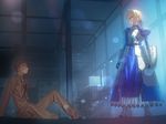  1girl are_you_my_master arm_support armor armored_boots armored_dress artoria_pendragon_(all) black_legwear blonde_hair blood bloody_clothes blue_dress blue_eyes blue_ribbon boots braid breastplate brown_hair closed_mouth dark dress emiya_shirou eye_contact fate/stay_night fate_(series) faulds from_side frown game_cg gauntlets green_eyes hair_ribbon indoors jacket juliet_sleeves knee_up light_particles long_hair long_sleeves looking_at_another on_floor pants profile puffy_sleeves ribbon saber school_uniform sidelocks sitting socks standing takeuchi_takashi tied_hair 