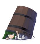  blush bucket green_hair hiding in_bucket in_container kisume shiden_(t41xz) short_hair solo touhou wooden_bucket 