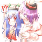  2girls biting blue_hair blush ear_biting food fruit hands hat hinanawi_tenshi hiraga_matsuri long_hair multiple_girls nagae_iku peach purple_hair ribbon short_hair speech_bubble surprised touhou yuri 