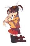  bad_id bad_pixiv_id black_legwear blue_eyes brown_hair hair_ribbon holding jacket kneeling lyrical_nanoha mahou_shoujo_lyrical_nanoha one_eye_closed orange_shirt ribbon shati shirt short_twintails skirt solo takamachi_nanoha thighhighs twintails yuuno_scrya zettai_ryouiki 