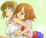  amami_haruka bare_shoulders blush breast_grab breasts brown_hair cif grabbing green_eyes hagiwara_yukiho idolmaster idolmaster_(classic) idolmaster_1 looking_back medium_breasts multiple_girls one_eye_closed ribbon short_hair skirt yellow_eyes yuri 