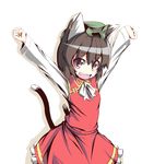 \o/ animal_ears arms_up blush_stickers bow bowtie brown_eyes brown_hair cat_ears cat_tail chen clenched_hands fang happy hat jewelry looking_at_viewer multiple_tails no_nose open_mouth outstretched_arms raised_fists short_hair single_earring smile solo stretch tail touhou yoshika_(music480069) 