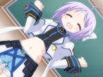  ahoge armor belt classroom clenched_hands closed_eyes cosplay crop_top dutch_angle flat_chest forearms_at_chest game_cg happy headband hiiragi_tsukasa indoors jacket lucky_star lucky_star_~ryouou_gakuen_outousai~ lyrical_nanoha mahou_shoujo_lyrical_nanoha_strikers midriff navel non-web_source outstretched_arms purple_hair short_hair shorts solo spread_arms subaru_nakajima subaru_nakajima_(cosplay) yoshimizu_kagami 