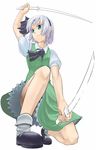  cuboon dress dual_wielding fighting_stance from_below holding konpaku_youmu solo sword touhou weapon 