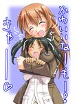  between_breasts black_hair blush breasts charlotte_e_yeager closed_eyes fang francesca_lucchini head_between_breasts height_difference hug long_hair multiple_girls red_hair smile strike_witches translated twintails umekichi uniform world_witches_series 