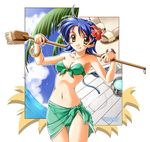  :q bikini blue_hair bracelet broom day flower front-tie_top green_bikini green_sarong hair_flower hair_ornament hibiscus jewelry jpeg_artifacts navel non-web_source original sandals sarong short_hair solo swimsuit takeya_masami tongue tongue_out translucent_sarong water yellow_eyes 