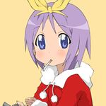  christmas cigarette hairband hentai_(1985) hiiragi_tsukasa lighter lowres lucky_star purple_hair santa_costume short_hair solo yellow_hairband zippo_(object) 