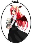  bat_wings blush book book_stack cup frame from_side gochou_(atemonai_heya) head_wings holding holding_book koakuma long_hair looking_at_viewer necktie red_eyes red_hair red_neckwear solo teacup touhou wings 