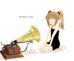  bare_shoulders brown_hair cif closed_eyes dress fine_art_parody his_master's_voice idolmaster idolmaster_(classic) idolmaster_1 kneeling parody phonograph solo takatsuki_yayoi twintails 