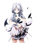  aka_ringo apron between_fingers bow braid card falling_card frills hair_bow hairband izayoi_sakuya knife maid maid_headdress orange_eyes playing_card red_eyes silver_hair smile solo touhou twin_braids weapon 