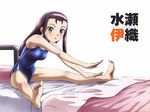  barefoot bed blush brown_eyes competition_swimsuit feet full_body idolmaster idolmaster_xenoglossia long_hair minase_iori non-web_source one-piece_swimsuit purple_hair solo stretch swimsuit takeuchi_hiroshi 