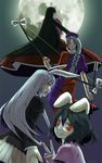  a.torii animal_ears arrow black_hair bow_(weapon) bunny_ears flying hat houraisan_kaguya inaba_tewi long_hair moon multiple_girls purple_hair reisen_udongein_inaba short_hair silver_hair touhou v weapon yagokoro_eirin 