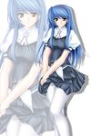  absurdres black_skirt blue_hair copyright_request drop_shadow eyebrows_visible_through_hair hairband hands_together highres light_smile long_hair looking_at_viewer outline pantyhose pleated_skirt puffy_sleeves school_uniform short_sleeves skirt solo tomoya_kankurou v_arms white_legwear white_outline yellow_eyes zoom_layer 