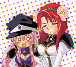  blush cosplay costume_switch embarrassed flower forte_stollen forte_stollen_(cosplay) galaxy_angel hat long_hair lowres milfeulle_sakuraba milfeulle_sakuraba_(cosplay) monocle multiple_girls non-web_source pink_hair red_hair short_hair 