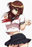  black_skirt breasts brown_hair cowboy_shot green_eyes high-waist_skirt hisahiko large_breasts long_hair midriff navel neckerchief open_mouth pleated_skirt school_uniform serafuku setsuko_ohara short_sleeves simple_background skirt solo super_robot_wars super_robot_wars_z white_background 