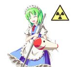  apron broom closed_eyes dress green_hair maid maid_headdress mimi-chan open_mouth puffy_short_sleeves puffy_sleeves radiation_symbol rocket ruukoto short_hair short_sleeves smile solo touhou touhou_(pc-98) waist_apron yoshika_(music480069) 