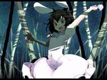 :d animal_ears bad_id bad_pixiv_id bamboo bamboo_forest black_hair bunny_ears carrot forest holding holding_panties inaba_tewi kasuga_ayumu_(haruhipo) letterboxed looking_at_viewer nature open_mouth panties shade short_hair smile solo touhou underwear wallpaper 