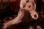  black_dress collarbone crazy_eyes dress evil_smile flower hairband head_tilt lolita_hairband long_sleeves looking_at_viewer red_flower red_rose rin_(royal) rose rozen_maiden smile solo suigintou 