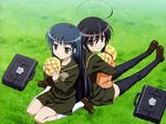  back-to-back black_hair blue_hair bread brown_eyes food grass green_eyes highres kneehighs kneeling konoe_fumina long_hair melon_bread multiple_girls non-web_source school_uniform shakugan_no_shana shana short_hair sitting socks thighhighs 