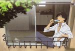 absurdres artist_request brown_eyes brown_hair darker_than_black eating food from_outside hei highres ice_cream male_focus scan sitting_in_window solo through_window window 