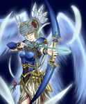  armor armored_dress blue_armor blue_eyes bow_(weapon) feathers grey_hair lenneth_valkyrie long_hair low-tied_long_hair sword tk28 valkyrie_profile weapon wings 
