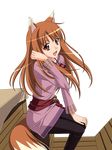  :d absurdres adjusting_hair animal_ears bag breasts brown_hair from_side ground_vehicle hand_on_own_knee happy highres holo jewelry kuroda_kazuya long_hair long_sleeves looking_at_viewer looking_back necklace official_art open_mouth pants red_eyes sash sitting small_breasts smile solo spice_and_wolf tail transparent_background tunic vector_trace wagon wolf_ears wolf_tail 