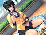  1girl bento black_hair blush breasts chopsticks food game_cg glasses ishigaki_takashi large_breasts looking_at_viewer obentou open_mouth outdoors purple_eyes school_uniform short_hair sitting skirt smile socks solo sushi thighhighs 