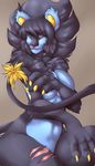  anthro black-kalak breasts claws covering covering_breasts covering_self female looking_at_viewer luxray nintendo nude plain_background pok&#233;mon pok&#233;morph pok&eacute;mon pok&eacute;morph red_sclera scar signature solo video_games yellow_eyes 