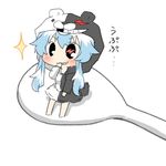  :d animal_costume asymmetrical_clothes bear_costume black_eyes blue_hair blush cosplay danganronpa kamishirasawa_keine long_hair lowres monokuma monokuma_(cosplay) open_mouth rebecca_(keinelove) rice_spoon smile spoon symbol-shaped_pupils touhou translated v-shaped_eyebrows 