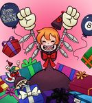  avery_(skullgirls) bad_id bad_pixiv_id birthday dress gias-ex-machella gift gloves hat mechanical_arms orange_hair party_hat peacock_(skullgirls) sharp_teeth short_hair skullgirls smile teeth 