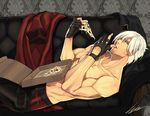  blue_eyes couch dante_(devil_may_cry) devil_may_cry eating fingerless_gloves food gloves hiryuu_(kugelcruor) holding_pizza lying male_focus pizza shirtless solo 