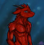  blue_eyes blush deezmo diasis dragon fur furred_dragon glitter horn looking_at_viewer male nude red_theme shivering shy smile 