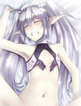  agarest_senki agarest_senki_(series) arm_up armpits bed_sheet blush clenched_teeth closed_eyes elf flat_chest fyuria_(agarest_senki) hair_ornament highres implied_sex long_hair lying midriff navel on_back out-of-frame_censoring pale_skin pointy_ears ricegnat sexually_suggestive sheet_grab silver_(color) silver_hair solo spread_legs sweat teeth twintails very_long_hair 