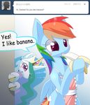  banana blush dialog dialogue duo eating english_text equine female feral friendship_is_magic fruit horn horse mammal my_little_pony oze pegasus pony princess princess_celestia_(mlp) rainbow_dash_(mlp) royalty suggestive suggestive_food text winged_unicorn wings 