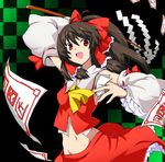  ascot bow brown_eyes colorized creeper detached_sleeves gohei groin hair_bow hair_tubes hakurei_reimu hinokuro long_hair midriff minecraft navel no_panties ofuda oonusa red_hair simple_background skirt solo touhou when_you_see_it 