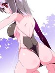  ass backless_outfit bare_back bare_shoulders breasts competition_swimsuit large_breasts long_hair miuku_(marine_sapphire) one-piece_swimsuit one-piece_thong original red_eyes silver_hair solo squatting swimsuit zipper 
