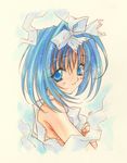  90s asuka_120_percent blue_eyes blue_hair blush bow hair_bow honda_asuka nanase_aoi official_art ribbon short_hair smile solo 