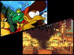  3boys building buildings cap car city claws clothes crown diddy_kong donkey_kong donkey_kong_(series) donkey_kong_country fangs fight fighting ha hat king_k._rool lights male male_focus mario_(series) motor_vehicle multiple_boys night nintendo no_humans open_mouth people point shocked split_screen super_mario_bros. surprised teeth vehicle 