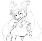  bad_id bad_pixiv_id breasts closed_eyes face fox_tail greyscale hands_in_opposite_sleeves large_breasts monochrome multiple_tails open_mouth smile solo space_jin tail touhou yakumo_ran 
