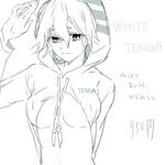  blue_eyes breasts hood hoodie large_breasts monochrome open_clothes sketch solo tcb tenga tengirl 