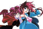  90s bakuretsu_hunters blue_eyes chocolate_misu coat earrings gotou_keiji jewelry long_hair multiple_girls nail_polish official_art pink_hair pink_nails red_eyes red_hair siblings sisters smile spiked_hair tira_misu white_background 