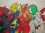  anthrofied blaziken blue_eyes breasts canine chubby claws crossed_arms crossover digimon female fox gardevoir green_eyes group hair jackal kewon lucario mammal mongoose nintendo pok&#233;mon pok&#233;morph pok&eacute;mon pussy red_eyes renamon traditional_media video_games wide_hips zangoose zoroark 