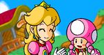  2girls ^_^ blonde_hair blush crown dress earrings eyes_closed grass ground house jewelry lowres mario_(series) multiple_girls nintendo outdoors outside princess princess_peach smile super_mario_bros. toad toadette |_| 