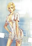  blonde_hair blue_eyes breasts character_name hand_on_hip hospital_gown lipstick makeup no_bra panties resident_evil resident_evil_6 sherry_birkin short_hair solo underwear white_panties 