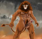  anthro balls beijinbeef biceps feline glowing glowing_eyes lion male mammal muscles pecs penis pose solo uncut vein veins 