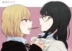 black_hair blonde_hair blush brown_eyes eye_contact food from_side glasses green_eyes long_hair looking_at_another mouth_hold multiple_girls original peg pocky pocky_day polka_dot polka_dot_background sweatdrop yuri 